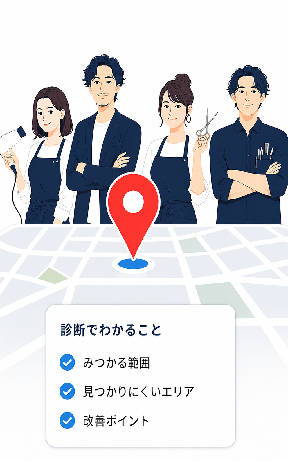 美容師4人と赤い地図ピン。診断で分かる項目は、みつかる範囲、見つかりにくいエリア、改善ポイントです